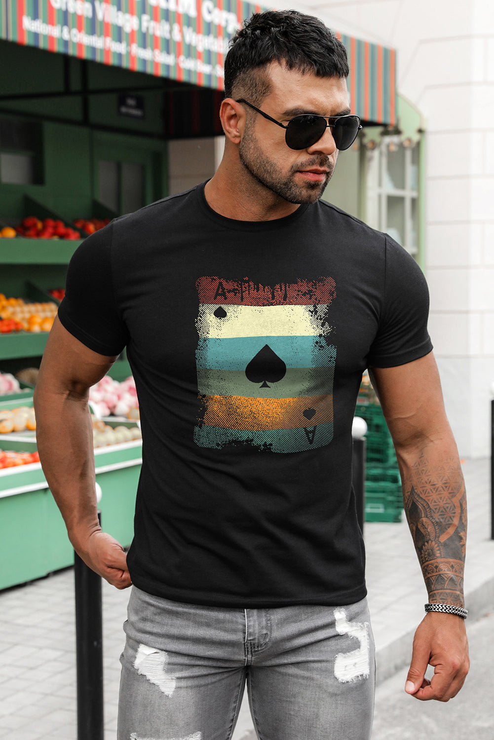 Men's Playing Cards Print Short Sleeve Graphic T-shirt