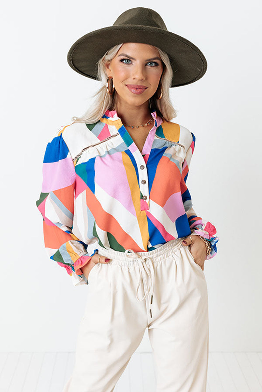 Geometric Patchwork Print Half Buttoned Blouse