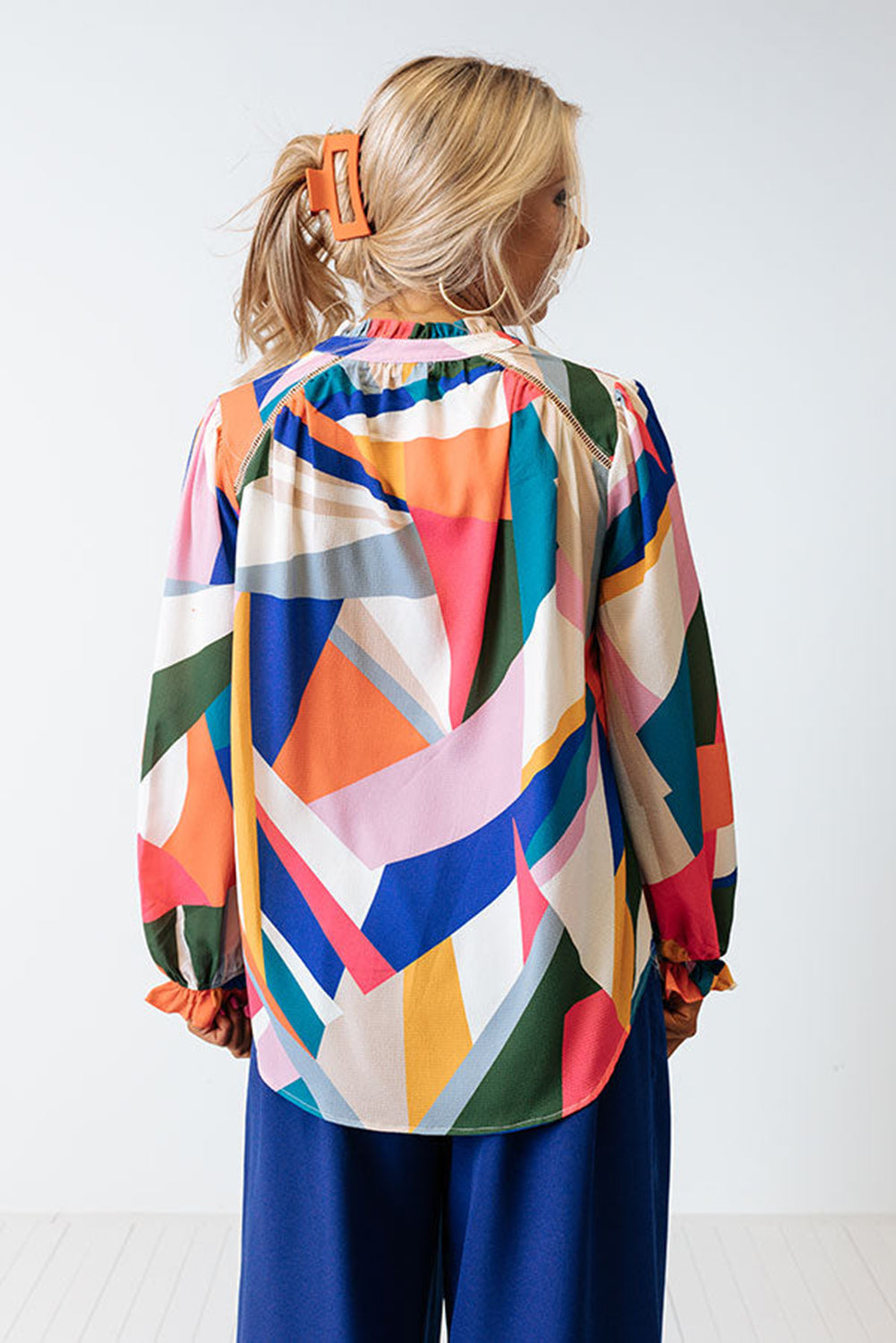 Geometric Patchwork Print Half Buttoned Blouse