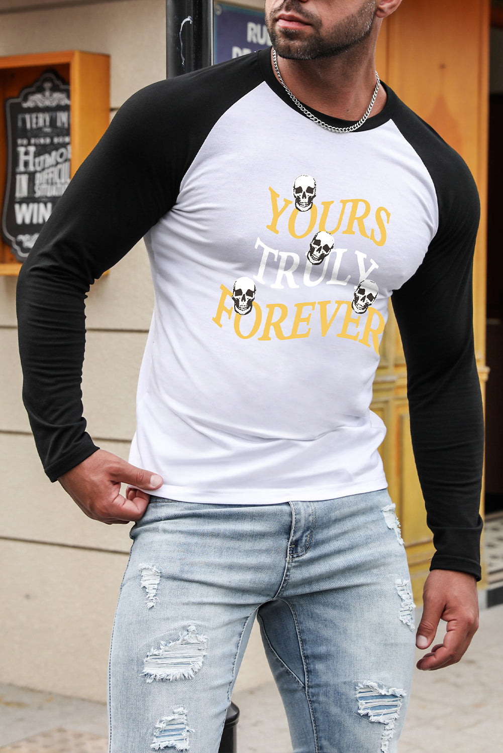 Men's Letter Skull Print Color Block Long Sleeve Top
