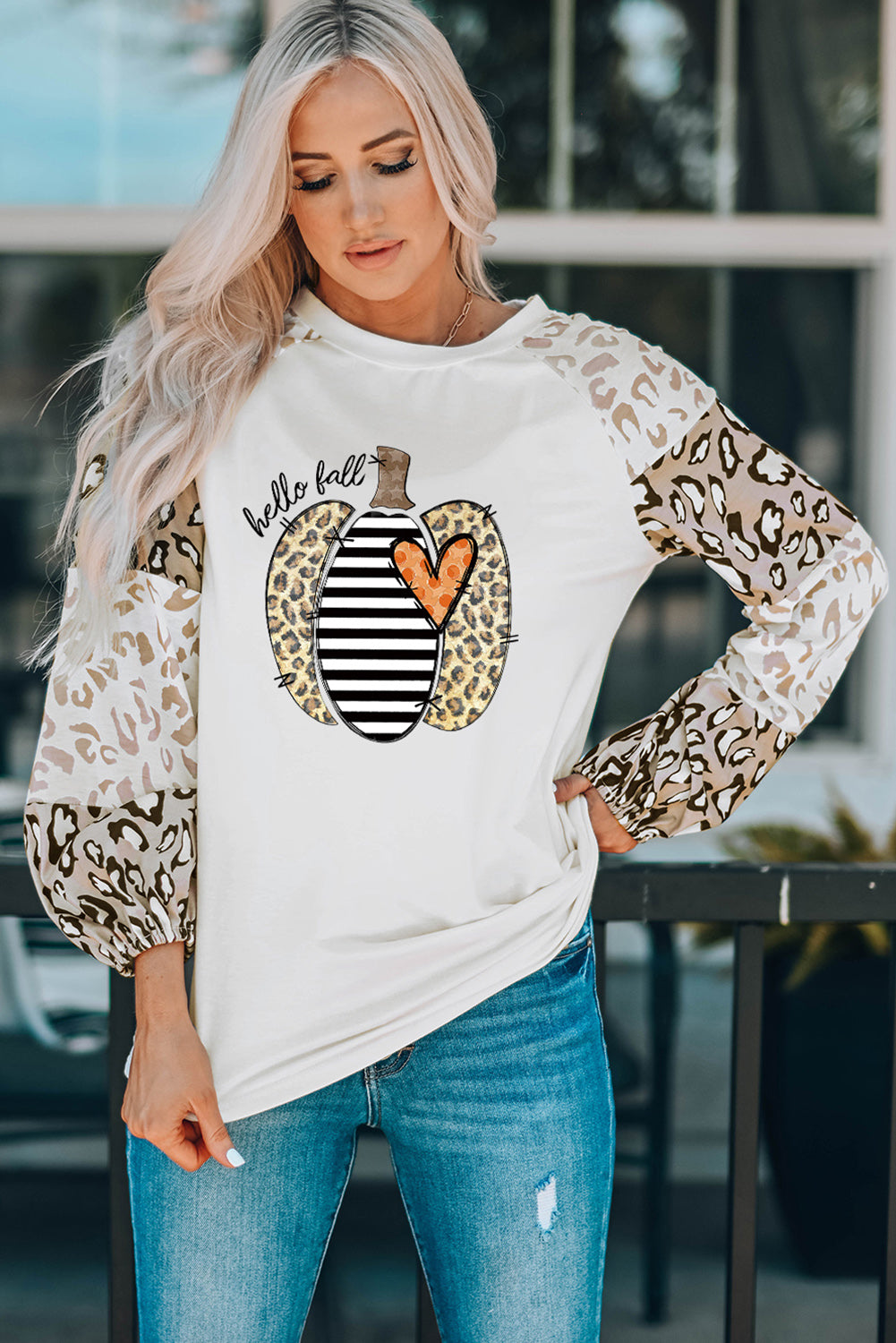 Beige Leopard Print Bubble Sleeve Top