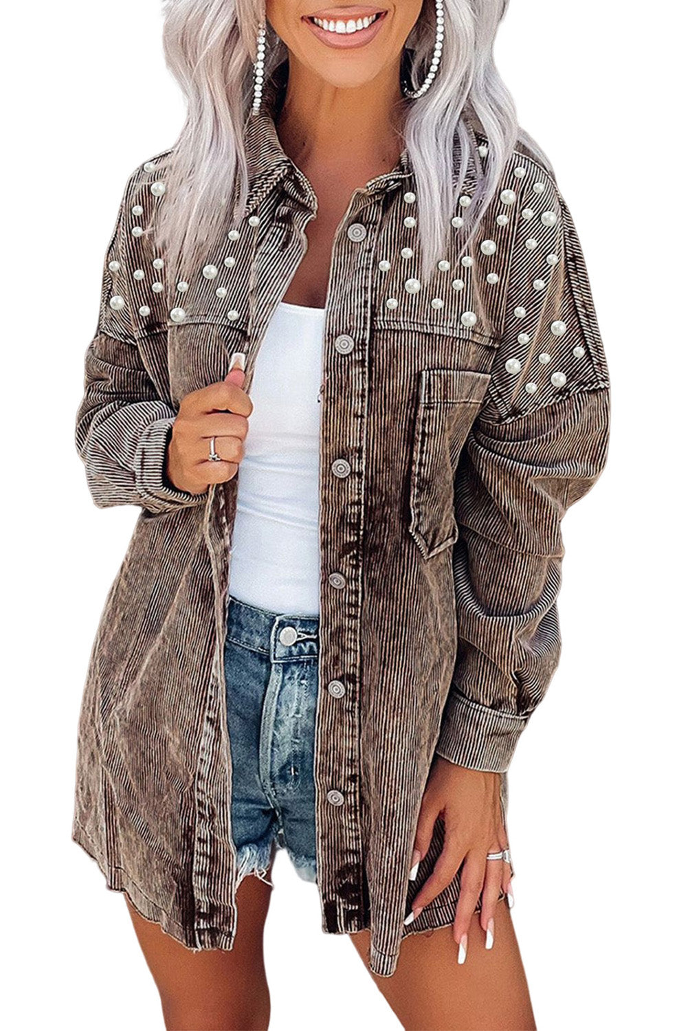 Chest Pocket Buttoned Corduroy Shacket