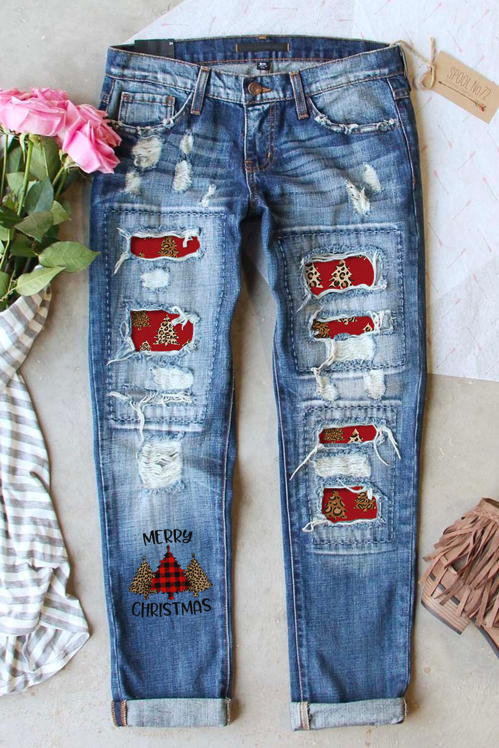 Butterfly Glitter Patchwork Acid Wash Distressed Jeans