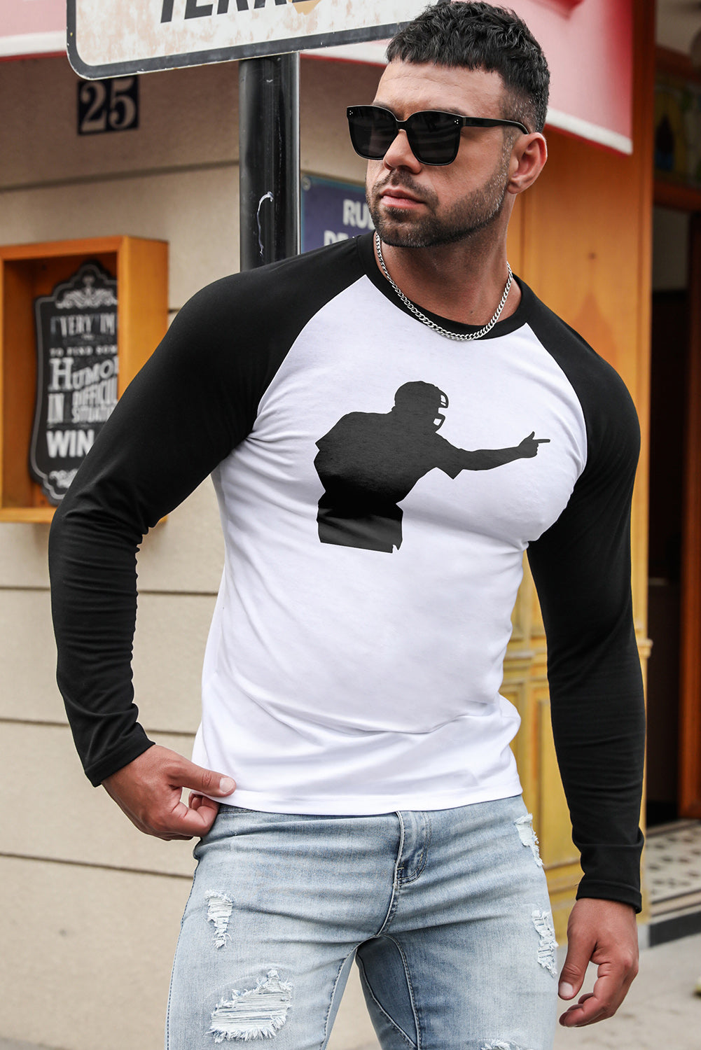 Men's Letter Skull Print Color Block Long Sleeve Top
