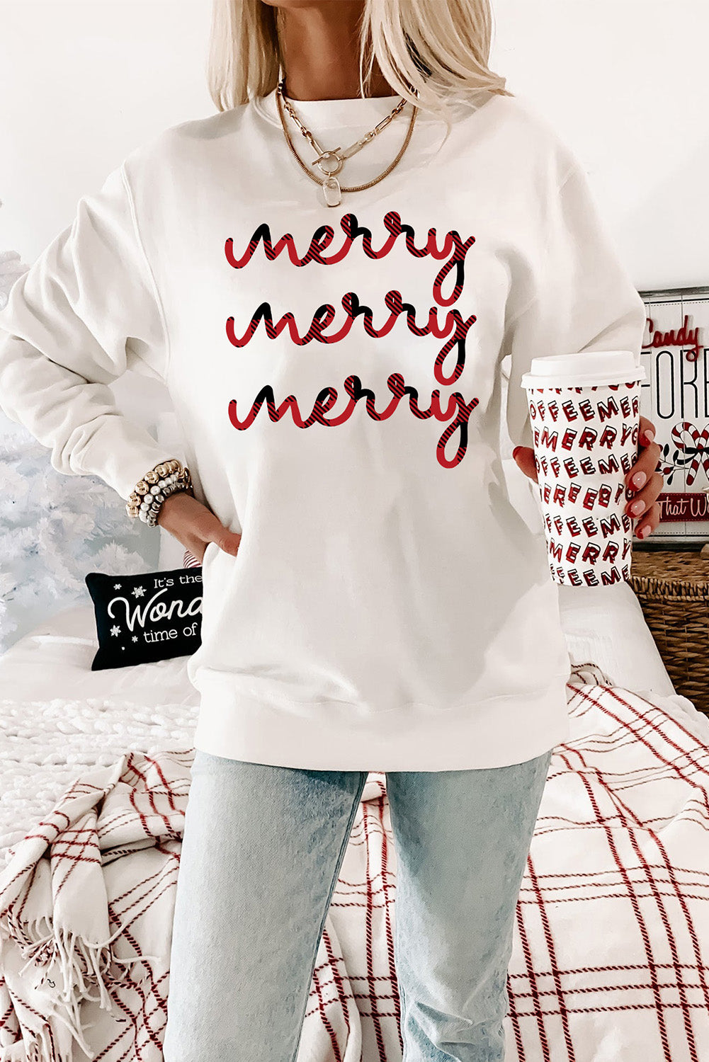 Merry Christmas Graphic Print Long Sleeve Sweatshirt