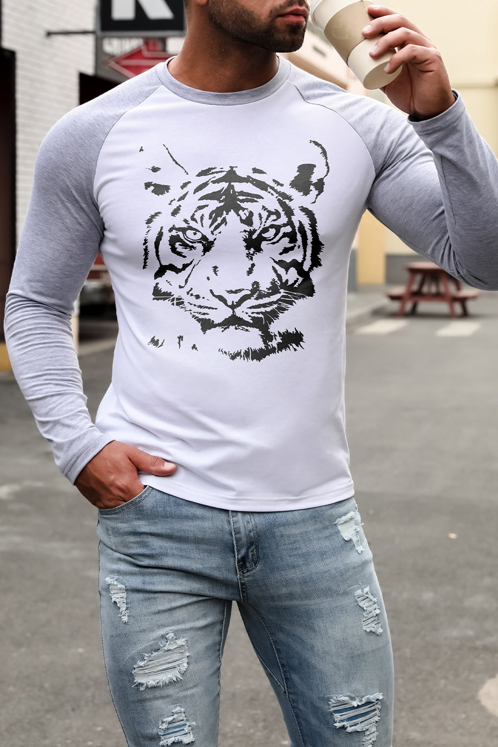 Men's Letter Skull Print Color Block Long Sleeve Top