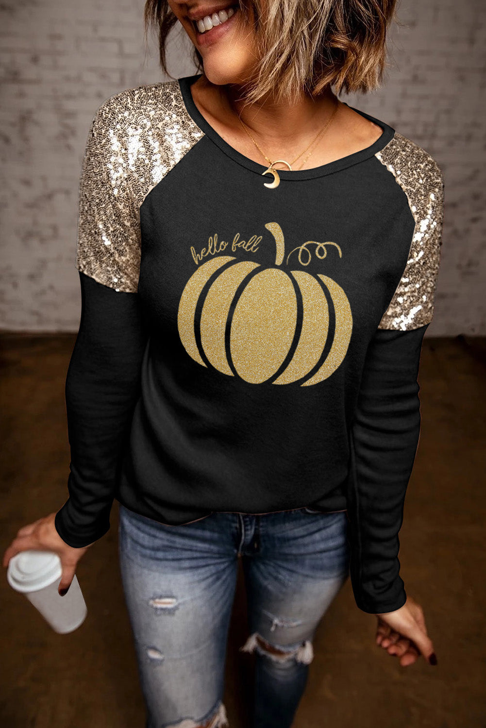Let's Get Smashed Pumpkin Glitter Print Sequin Contrast Top