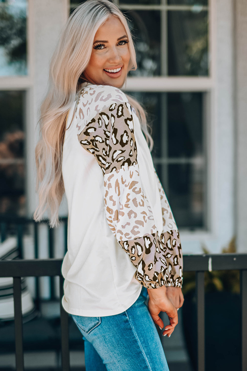 Beige Leopard Print Bubble Sleeve Top