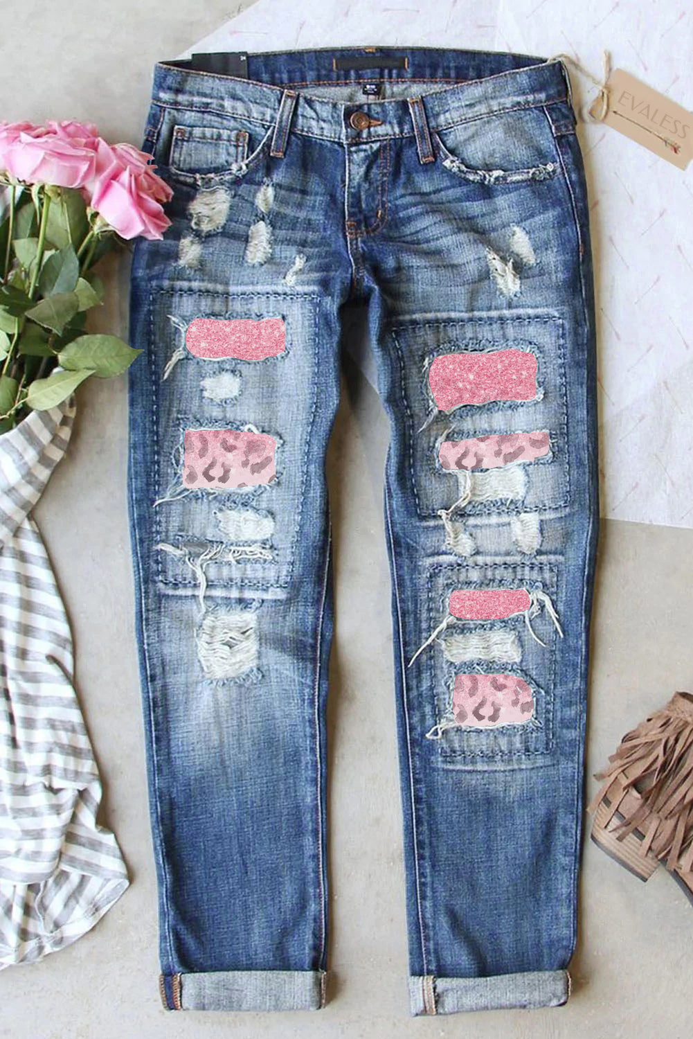 Butterfly Glitter Patchwork Acid Wash Distressed Jeans