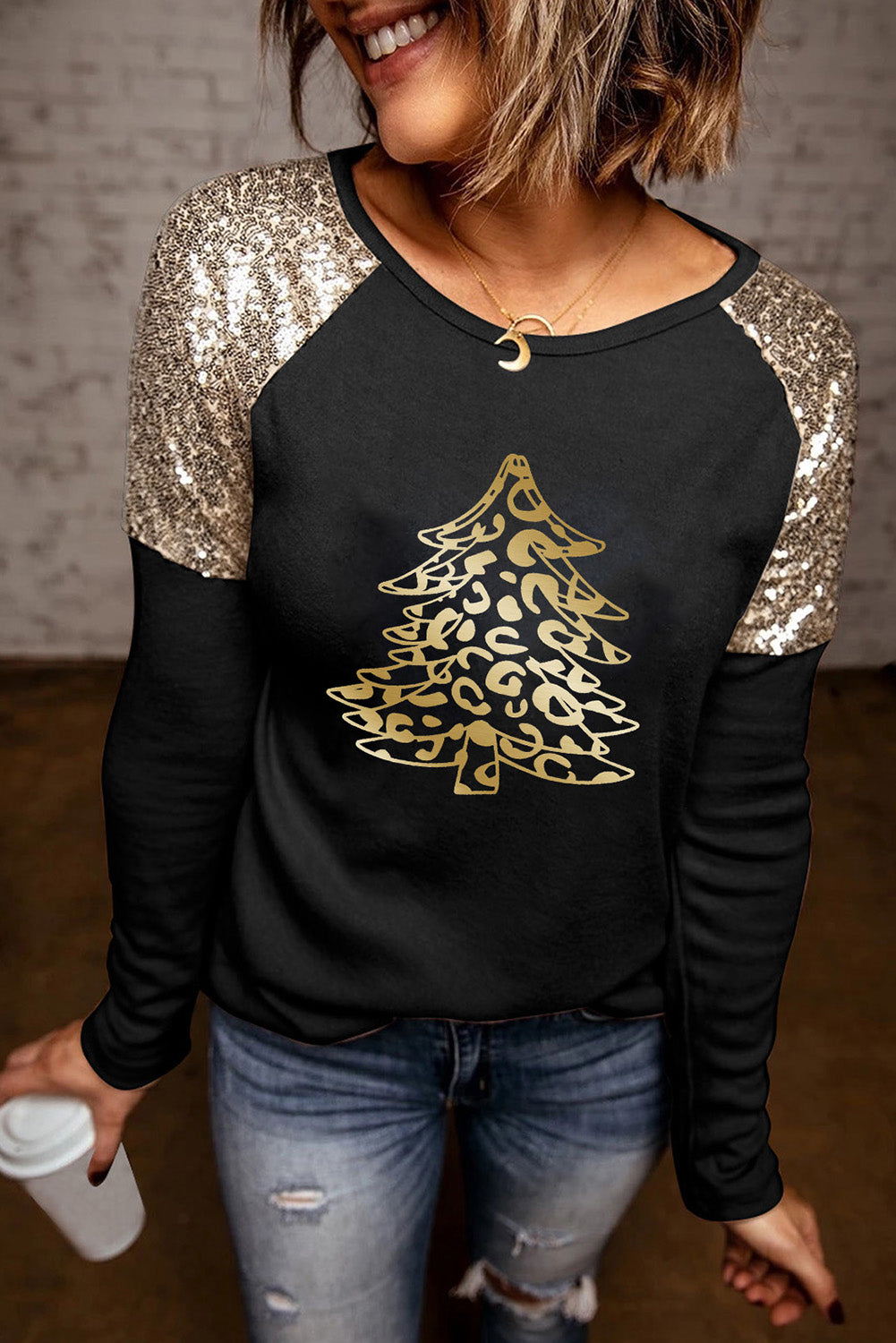 Let's Get Smashed Pumpkin Glitter Print Sequin Contrast Top