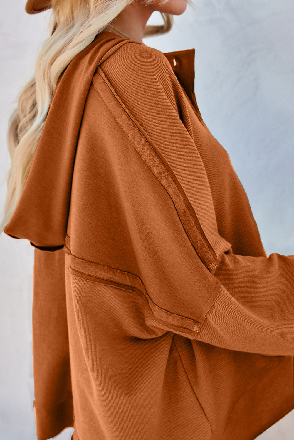 Casual Button Solid Patchwork Trim Hoodie