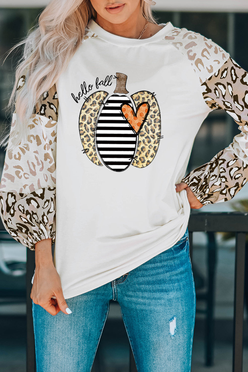 Beige Leopard Print Bubble Sleeve Top