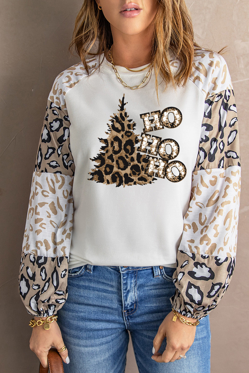 Beige Leopard Print Bubble Sleeve Top