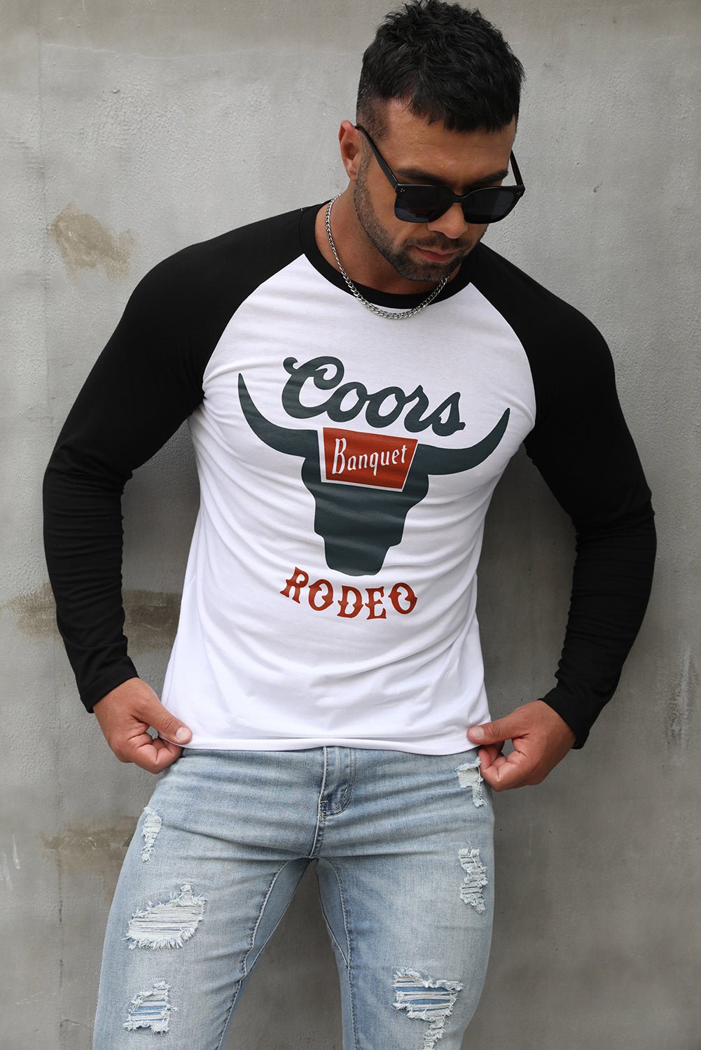 Men's Letter Skull Print Color Block Long Sleeve Top