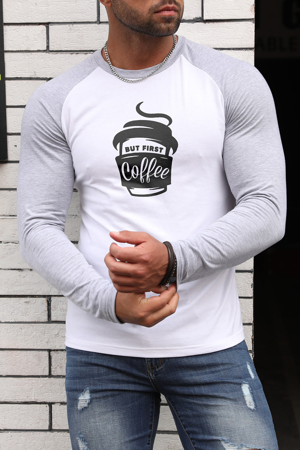 Men's Letter Skull Print Color Block Long Sleeve Top