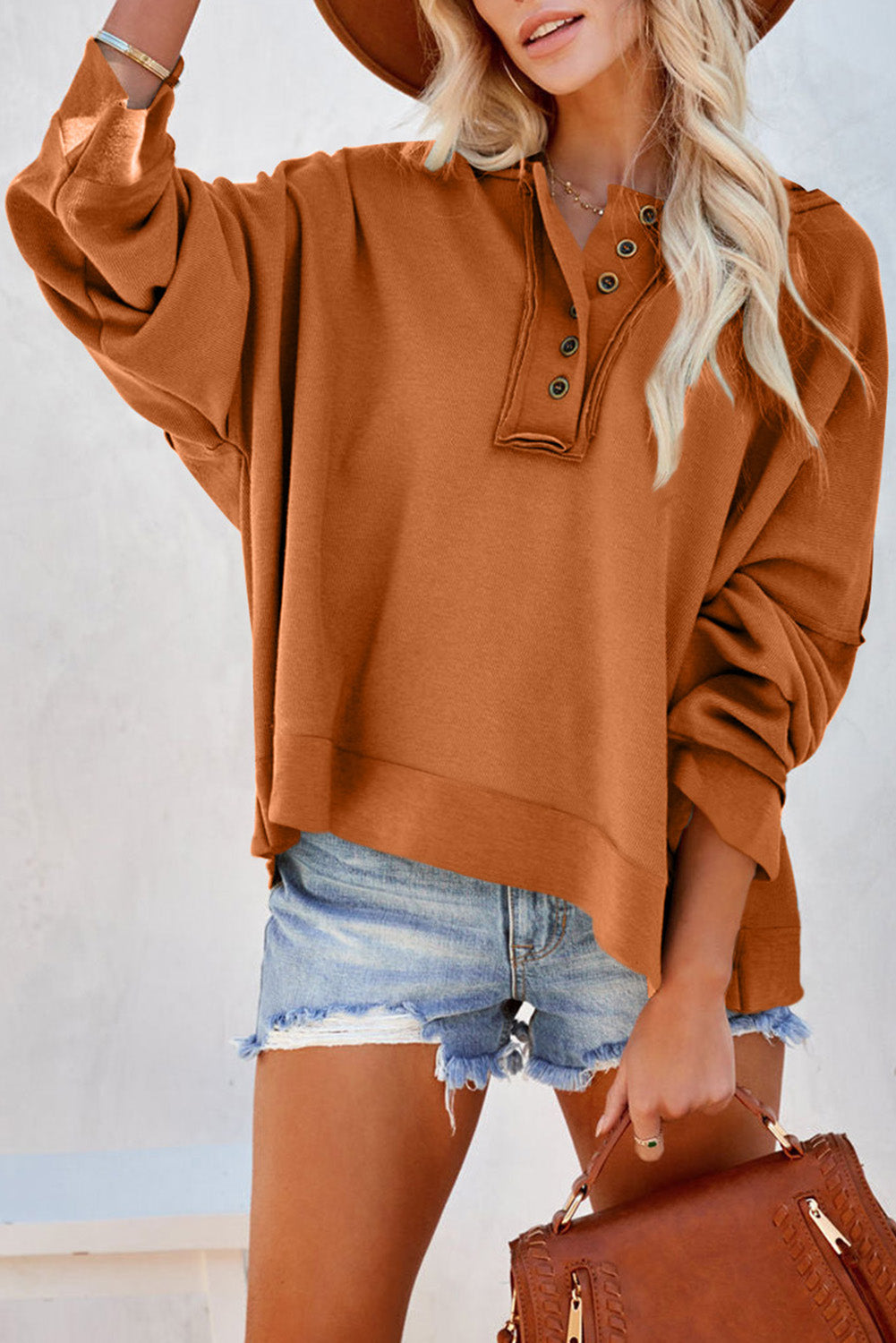 Casual Button Solid Patchwork Trim Hoodie