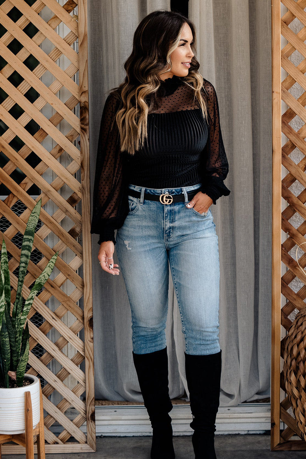 Sheer Dotty Long Sleeve Ribbed Velvet Bodysuit