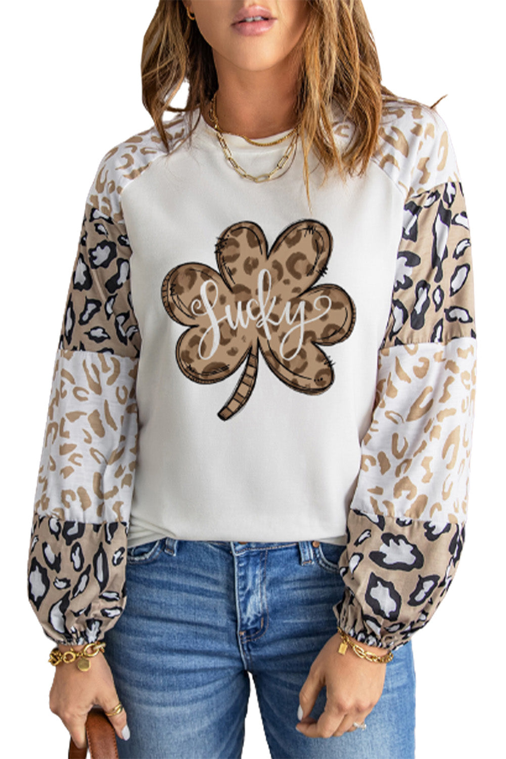 Beige Leopard Print Bubble Sleeve Top