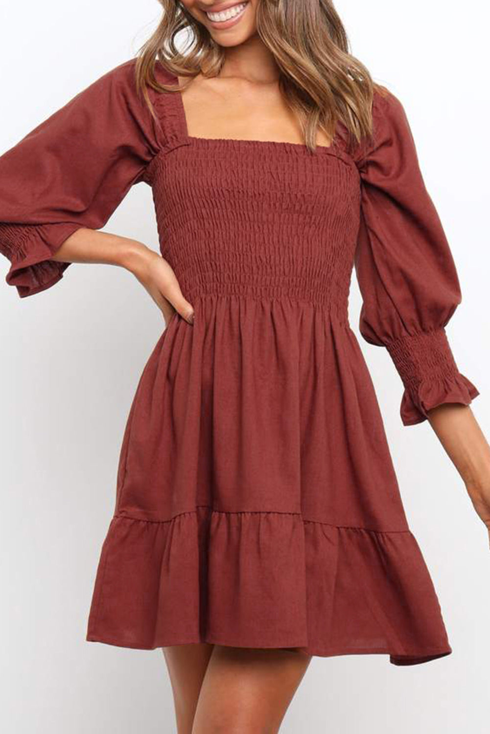 Square Neck Smocked Balloon Sleeve A-line Dress