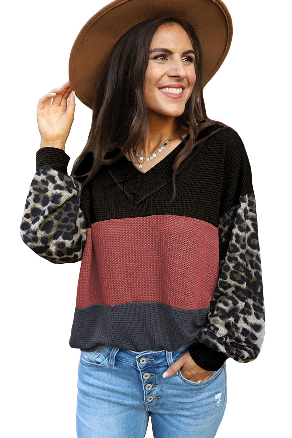 Wild Leopard Contrast Sleeve Colorblock Waffle Knit Top