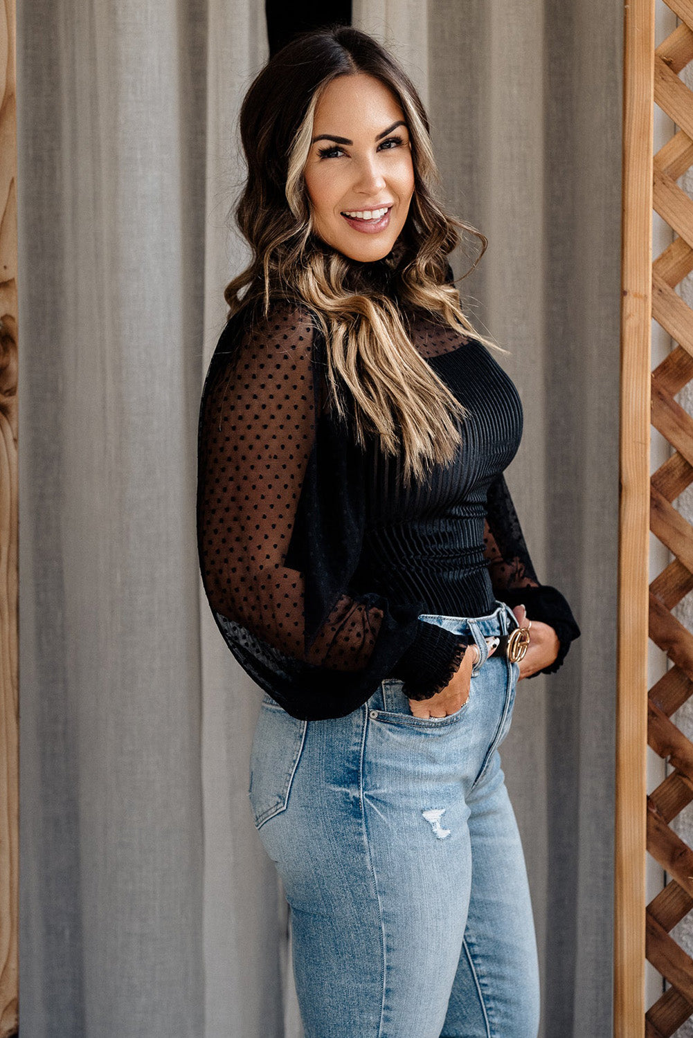 Sheer Dotty Long Sleeve Ribbed Velvet Bodysuit