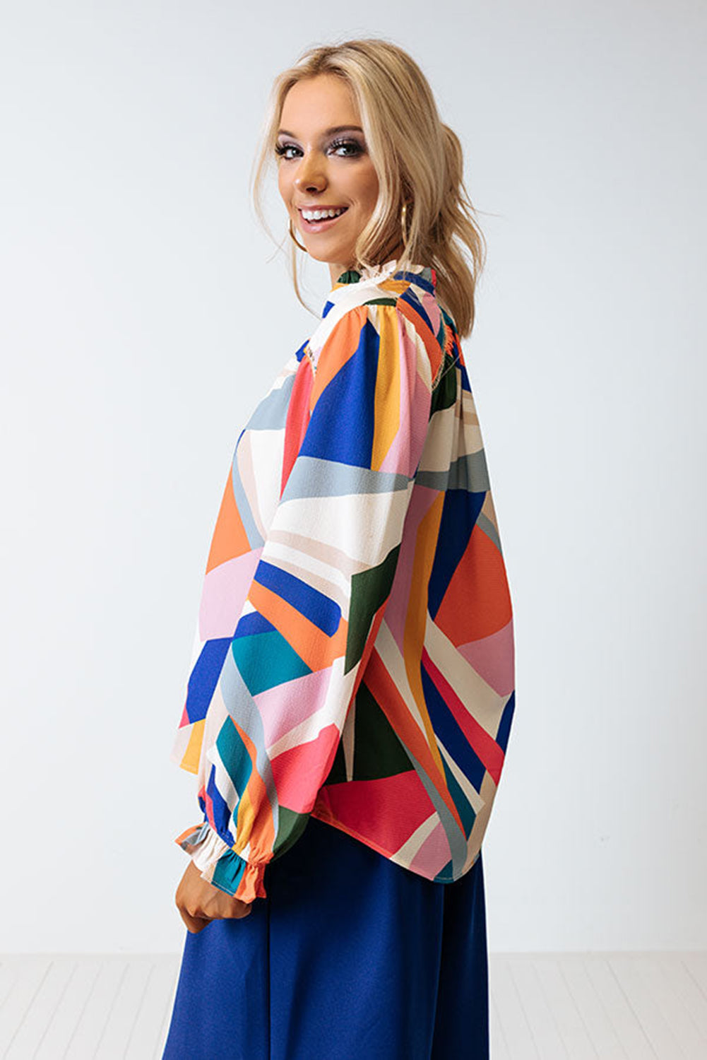 Geometric Patchwork Print Half Buttoned Blouse