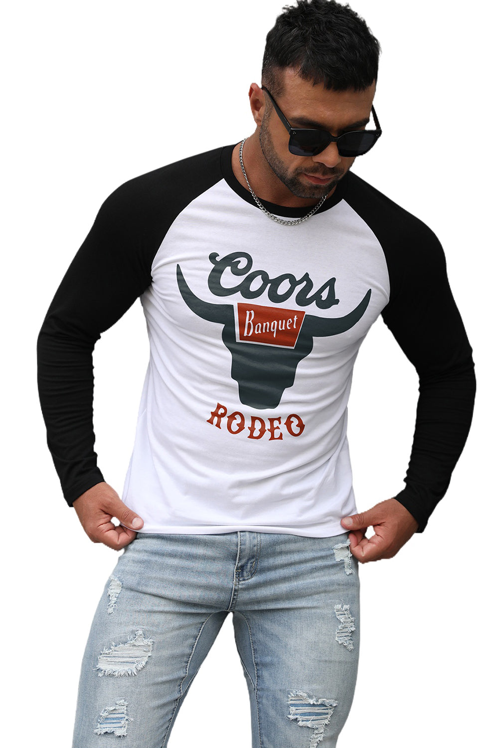 Men's Letter Skull Print Color Block Long Sleeve Top