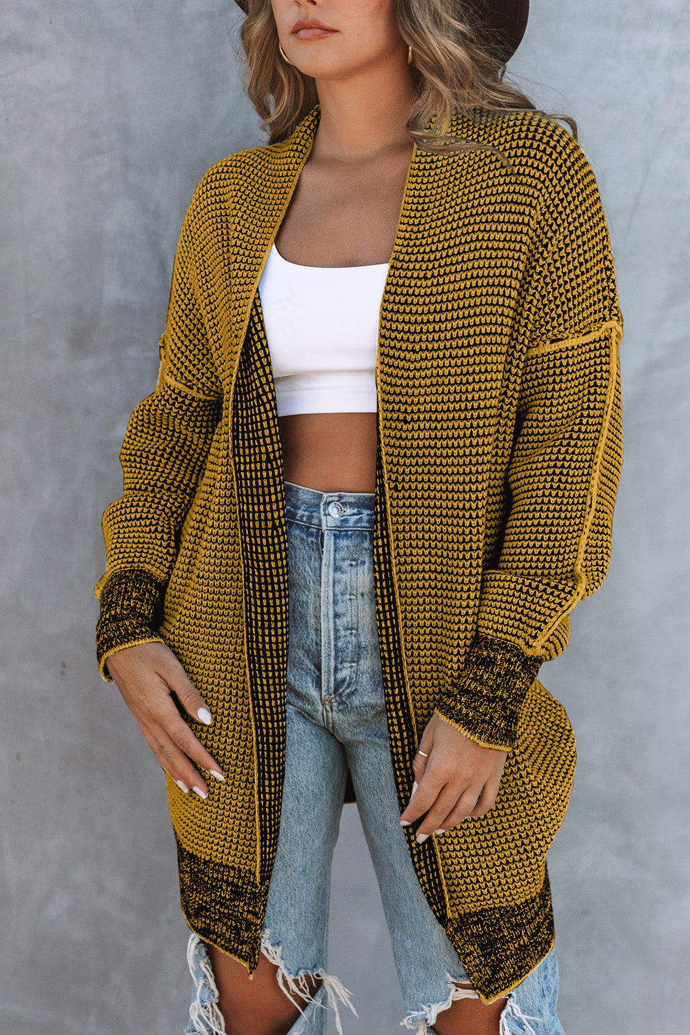 Black Plaid Knitted Long Open Front Cardigan