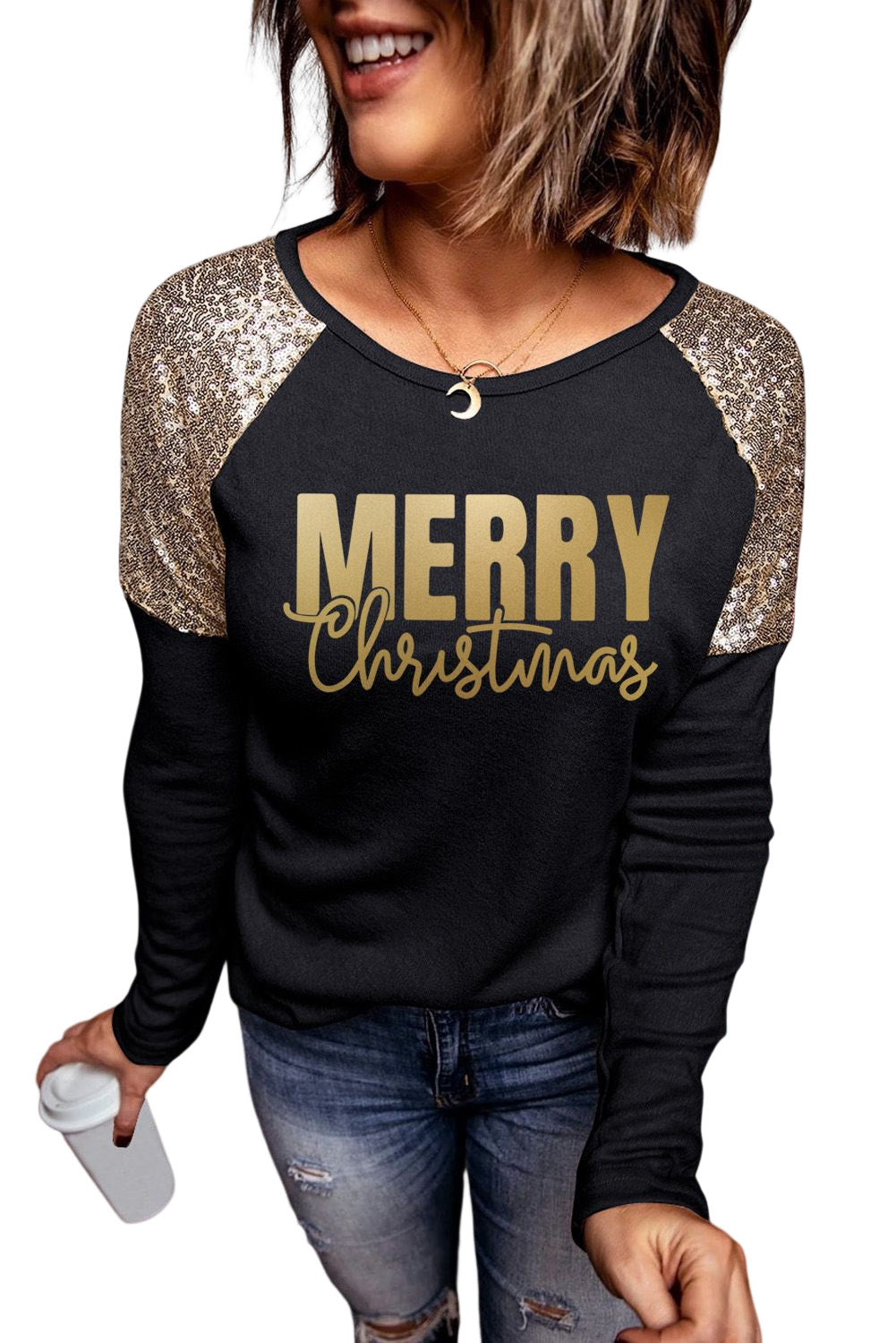 Let's Get Smashed Pumpkin Glitter Print Sequin Contrast Top