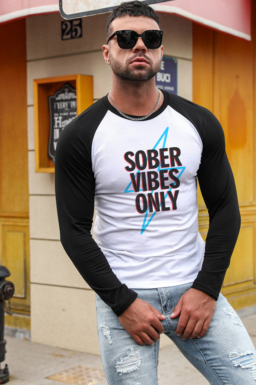 Men's Letter Skull Print Color Block Long Sleeve Top
