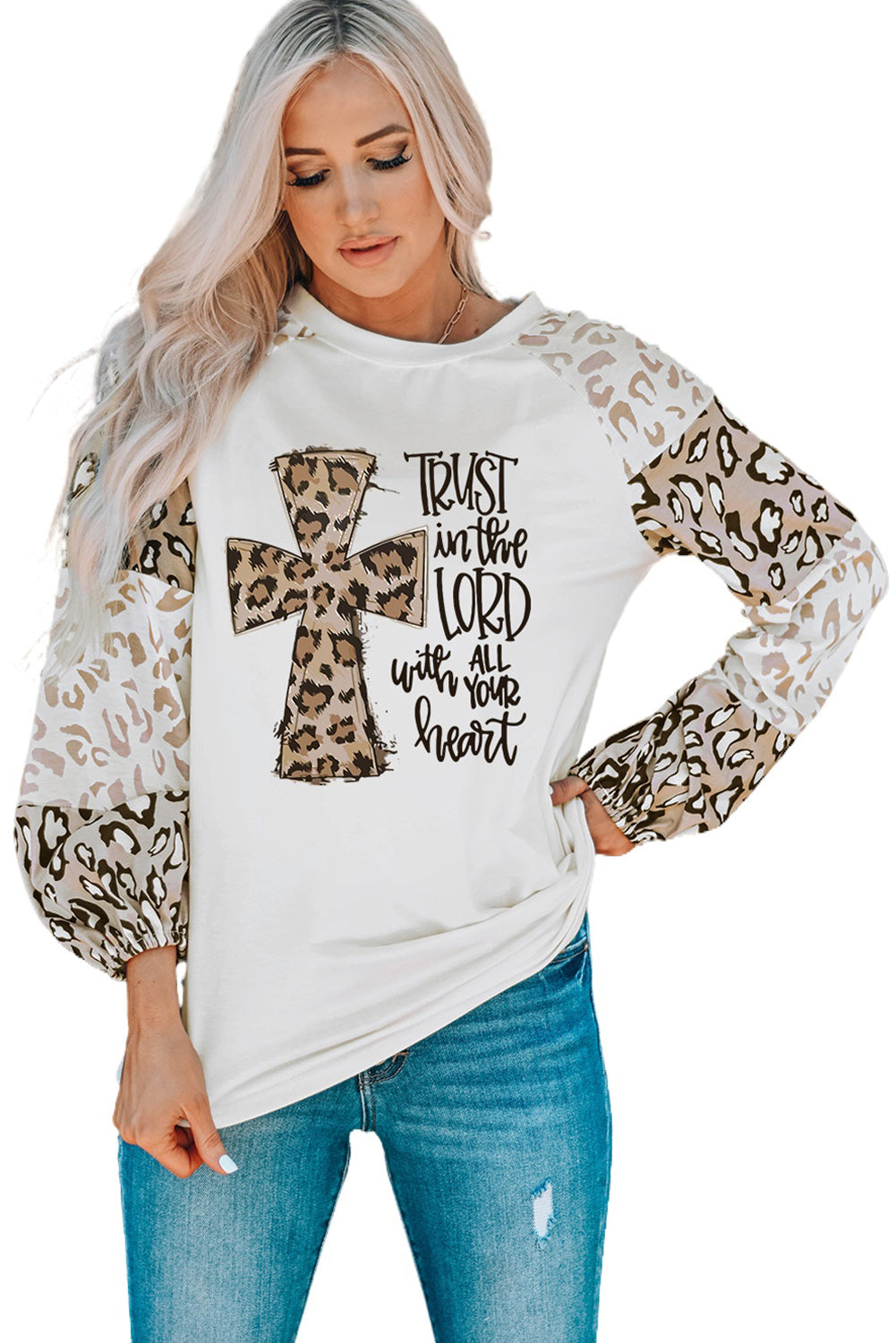 Beige Leopard Print Bubble Sleeve Top