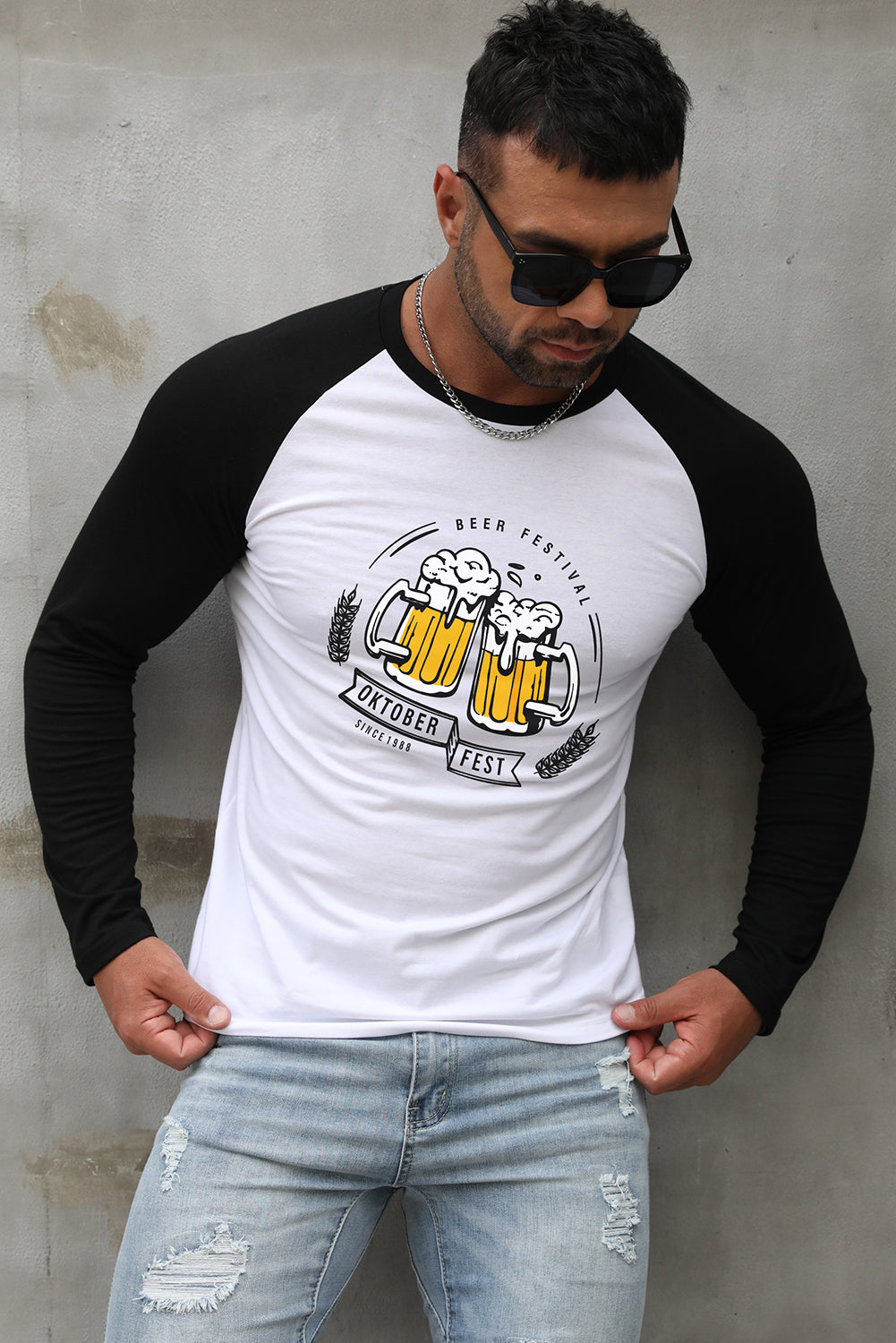 Men's Letter Skull Print Color Block Long Sleeve Top
