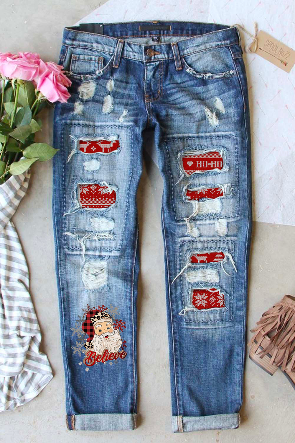 Butterfly Glitter Patchwork Acid Wash Distressed Jeans