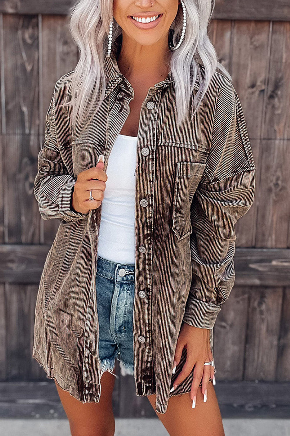 Chest Pocket Buttoned Corduroy Shacket