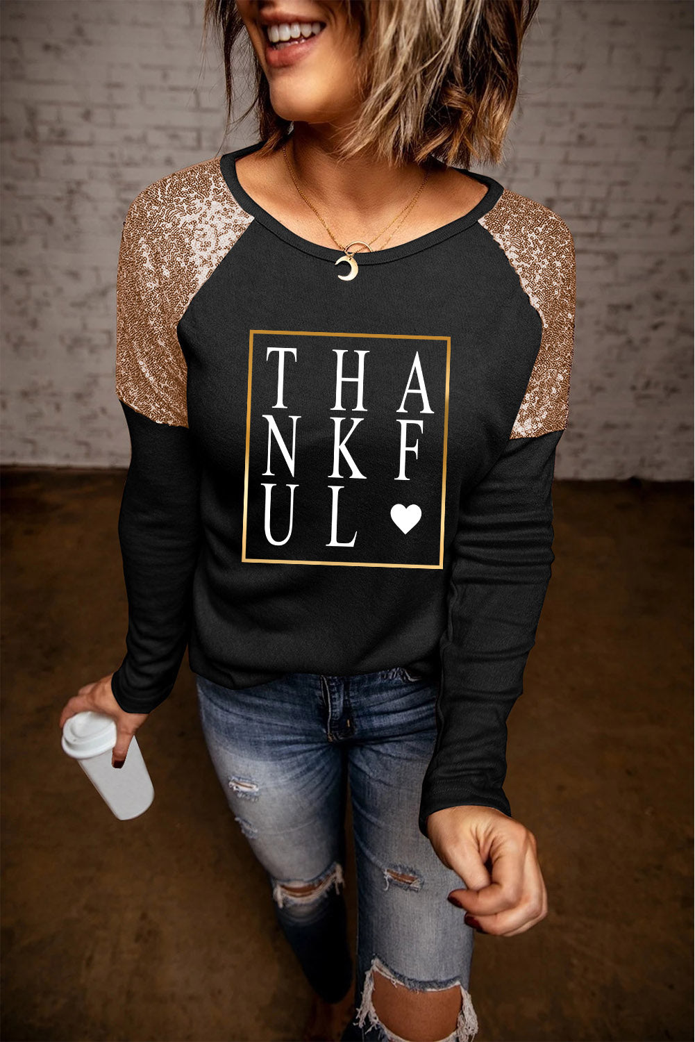 Let's Get Smashed Pumpkin Glitter Print Sequin Contrast Top
