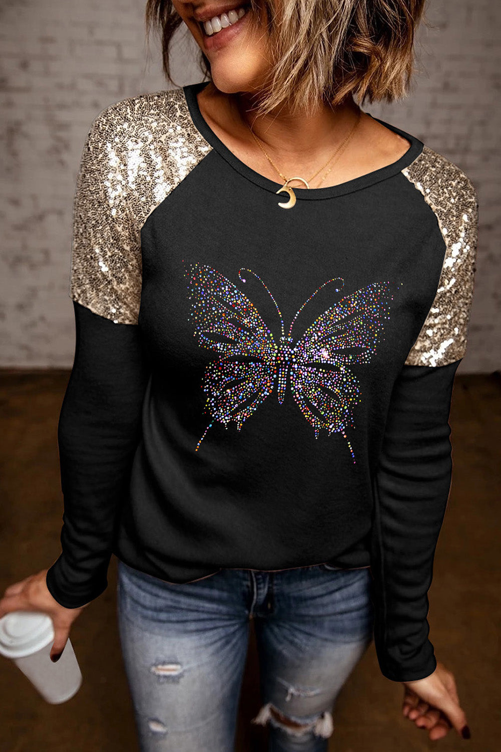 Let's Get Smashed Pumpkin Glitter Print Sequin Contrast Top