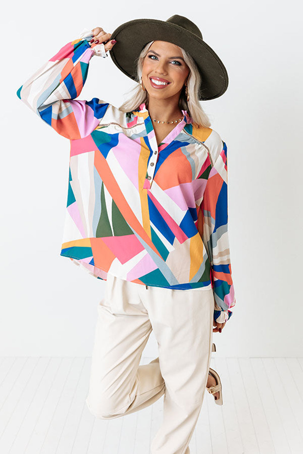 Geometric Patchwork Print Half Buttoned Blouse