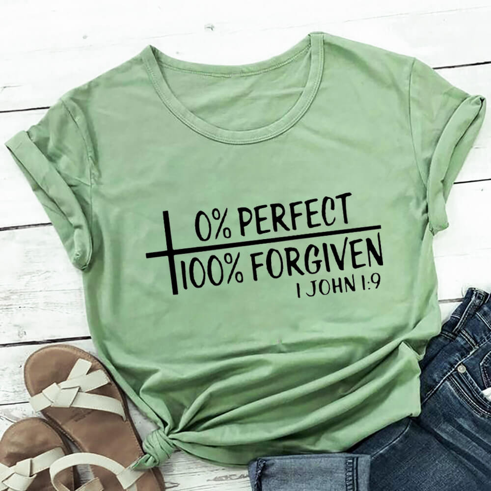 0% Perfect 100% Forgiven 100%Cotton Women Tshirt Women's Summer Casual Christian Shirts Faith Short Sleeve Top Tee Jesus T Shirt