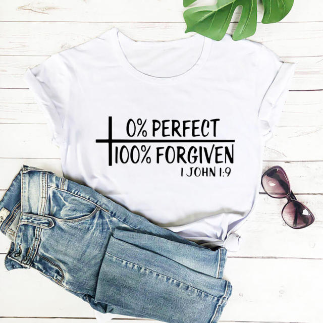 0% Perfect 100% Forgiven 100%Cotton Women Tshirt Women's Summer Casual Christian Shirts Faith Short Sleeve Top Tee Jesus T Shirt