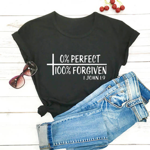 0% Perfect 100% Forgiven 100%Cotton Women Tshirt Women's Summer Casual Christian Shirts Faith Short Sleeve Top Tee Jesus T Shirt