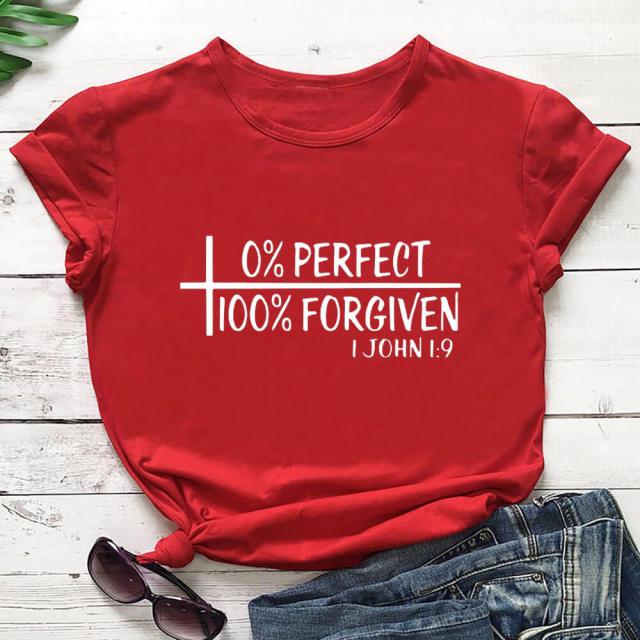 0% Perfect 100% Forgiven 100%Cotton Women Tshirt Women's Summer Casual Christian Shirts Faith Short Sleeve Top Tee Jesus T Shirt