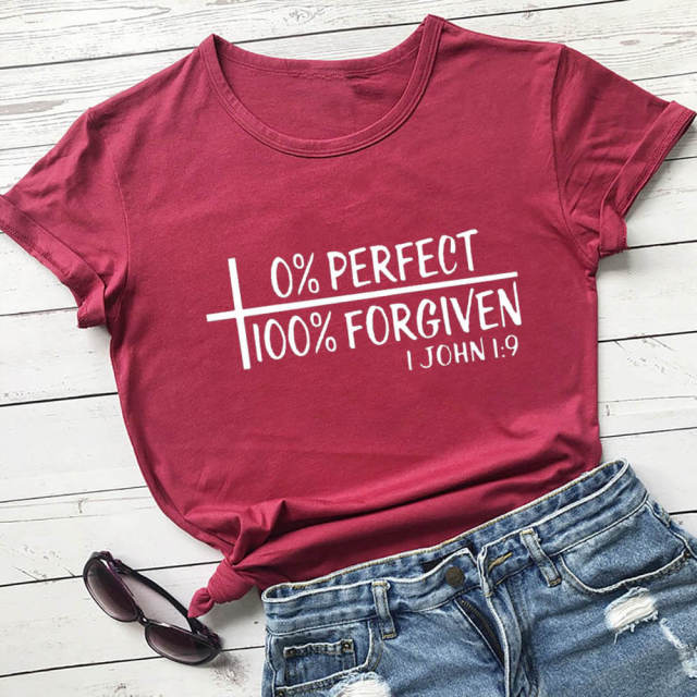 0% Perfect 100% Forgiven 100%Cotton Women Tshirt Women's Summer Casual Christian Shirts Faith Short Sleeve Top Tee Jesus T Shirt