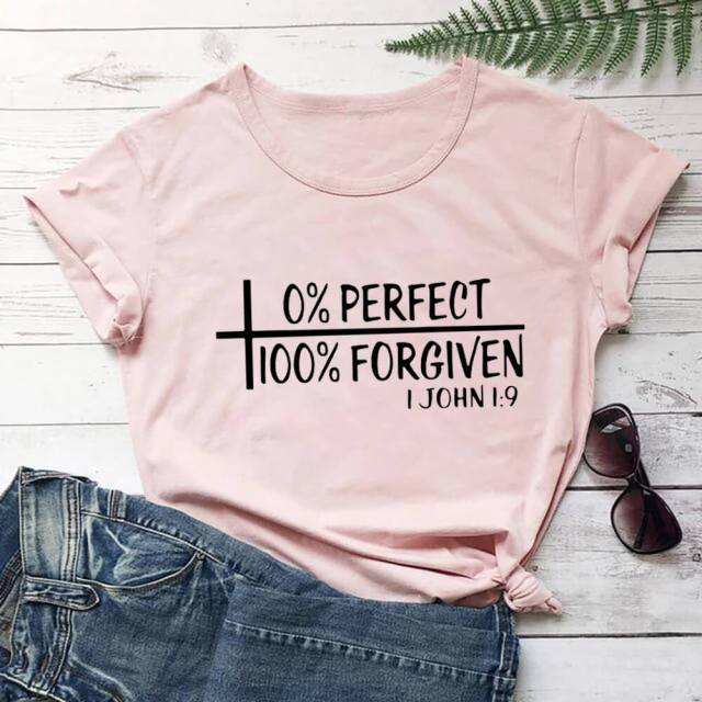 0% Perfect 100% Forgiven 100%Cotton Women Tshirt Women's Summer Casual Christian Shirts Faith Short Sleeve Top Tee Jesus T Shirt
