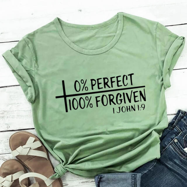 0% Perfect 100% Forgiven 100%Cotton Women Tshirt Women's Summer Casual Christian Shirts Faith Short Sleeve Top Tee Jesus T Shirt