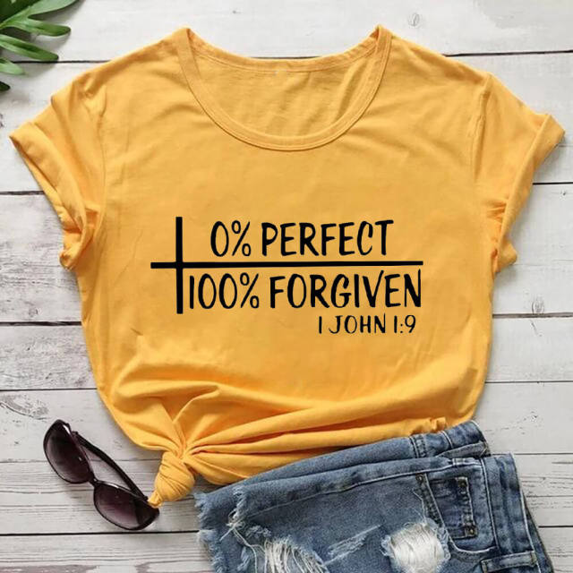 0% Perfect 100% Forgiven 100%Cotton Women Tshirt Women's Summer Casual Christian Shirts Faith Short Sleeve Top Tee Jesus T Shirt