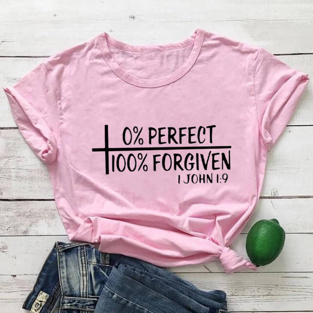 0% Perfect 100% Forgiven 100%Cotton Women Tshirt Women's Summer Casual Christian Shirts Faith Short Sleeve Top Tee Jesus T Shirt