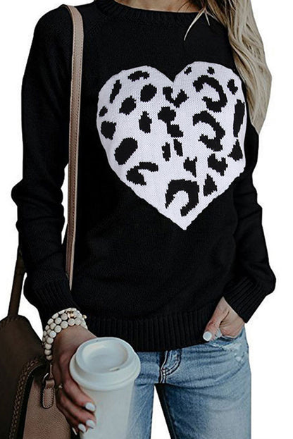 Leopard Heart Pattern Casual Sweater