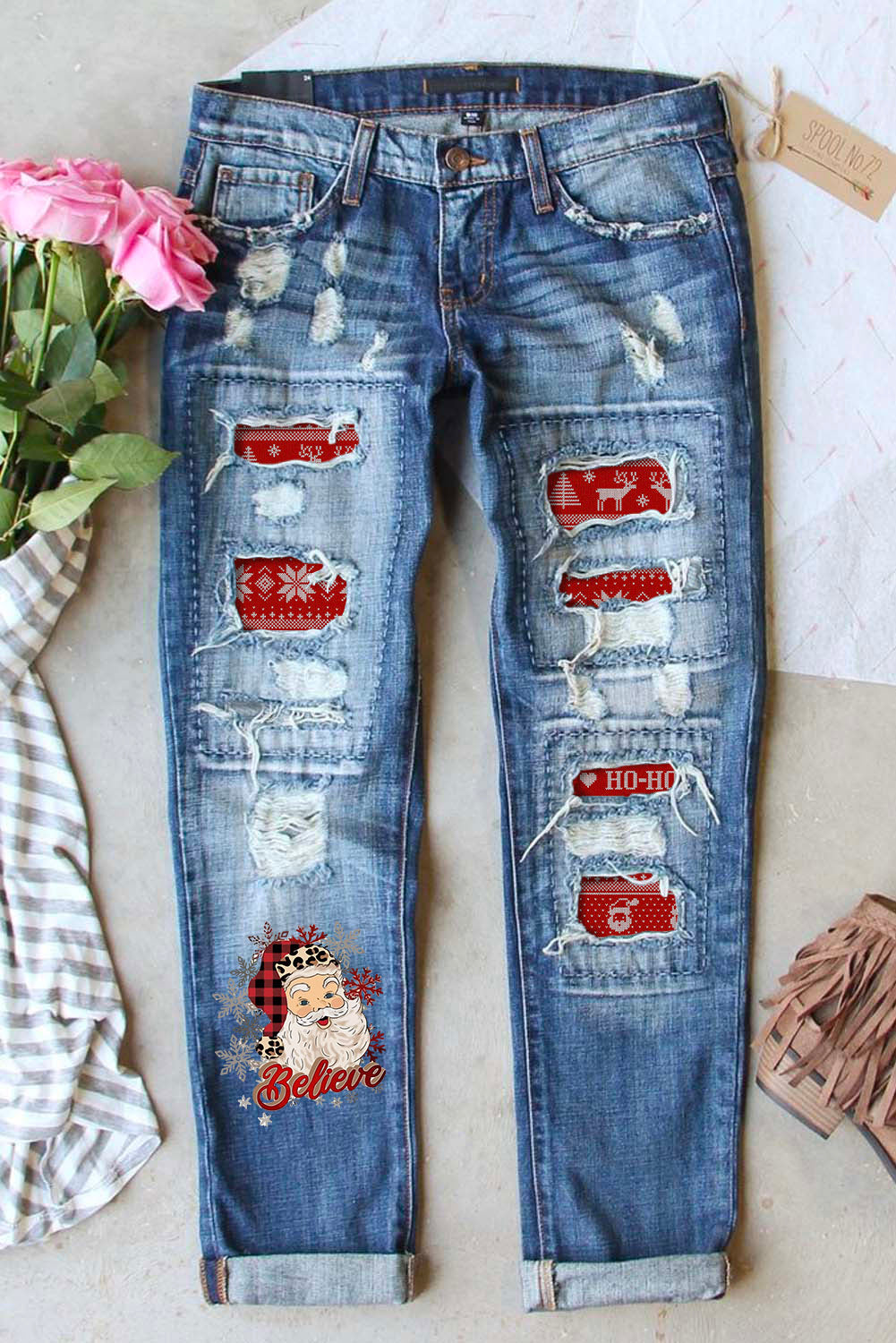 Butterfly Glitter Patchwork Acid Wash Distressed Jeans
