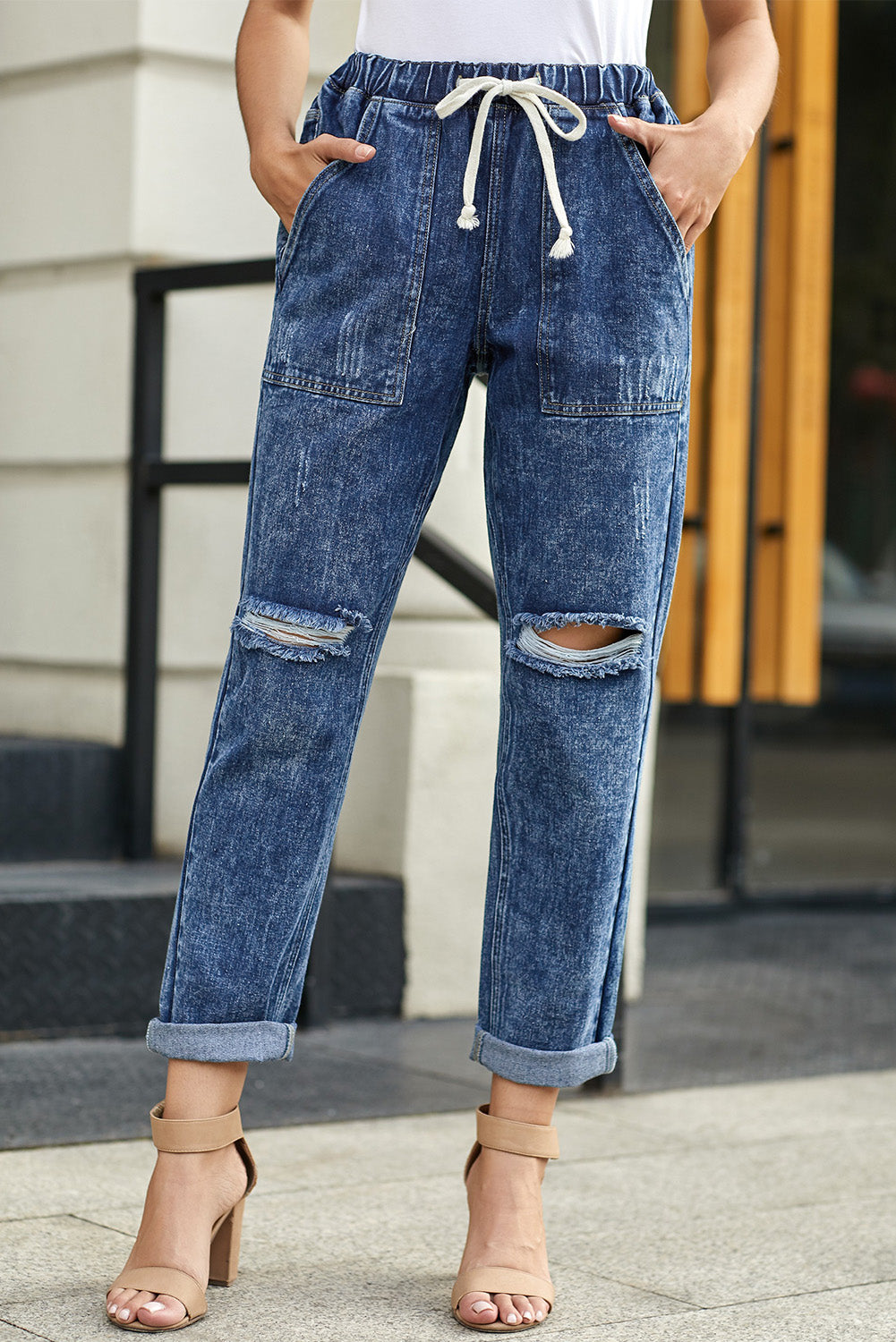 Gather Round Distressed Pocketed Denim Jogger