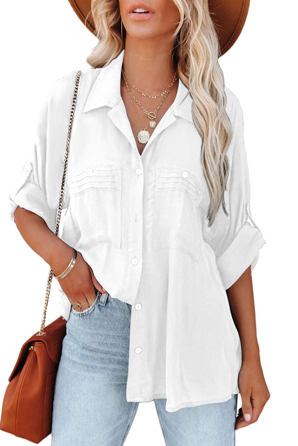 Solid Pocket Long Sleeve Button-up Shirt